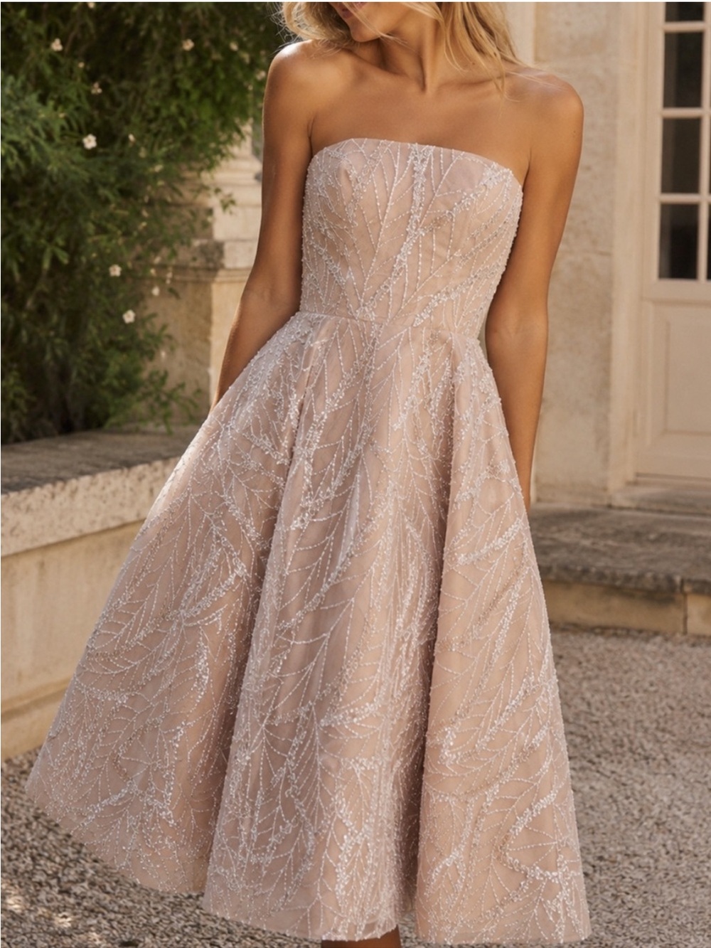 Strapless Embroidered Midi Dress in Nude - Picture 2 of 15